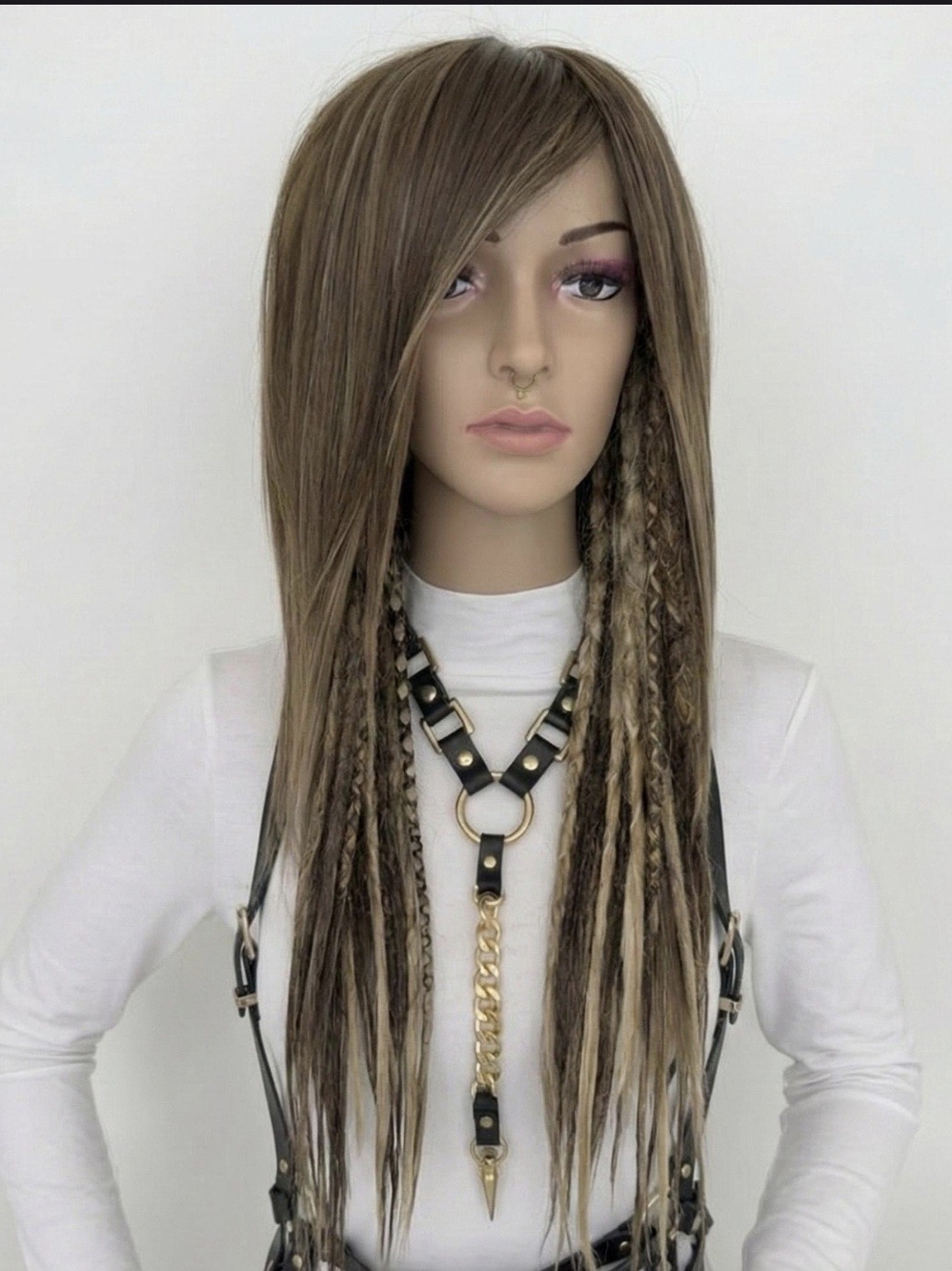 Custom Made Partial Deadlock Synthetic Wig with Blonde Highlights - Taupe Brown